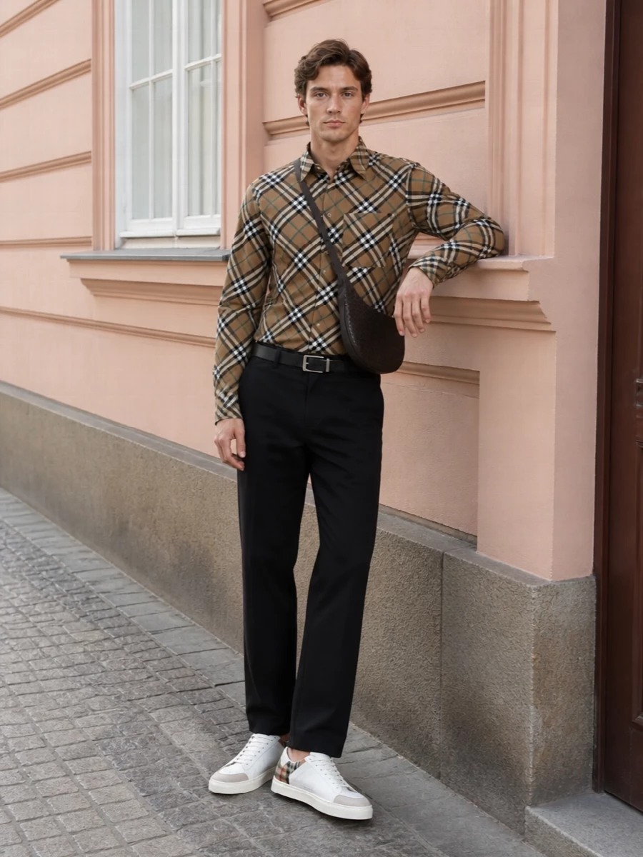 Burberry check shirt black chinos outfit