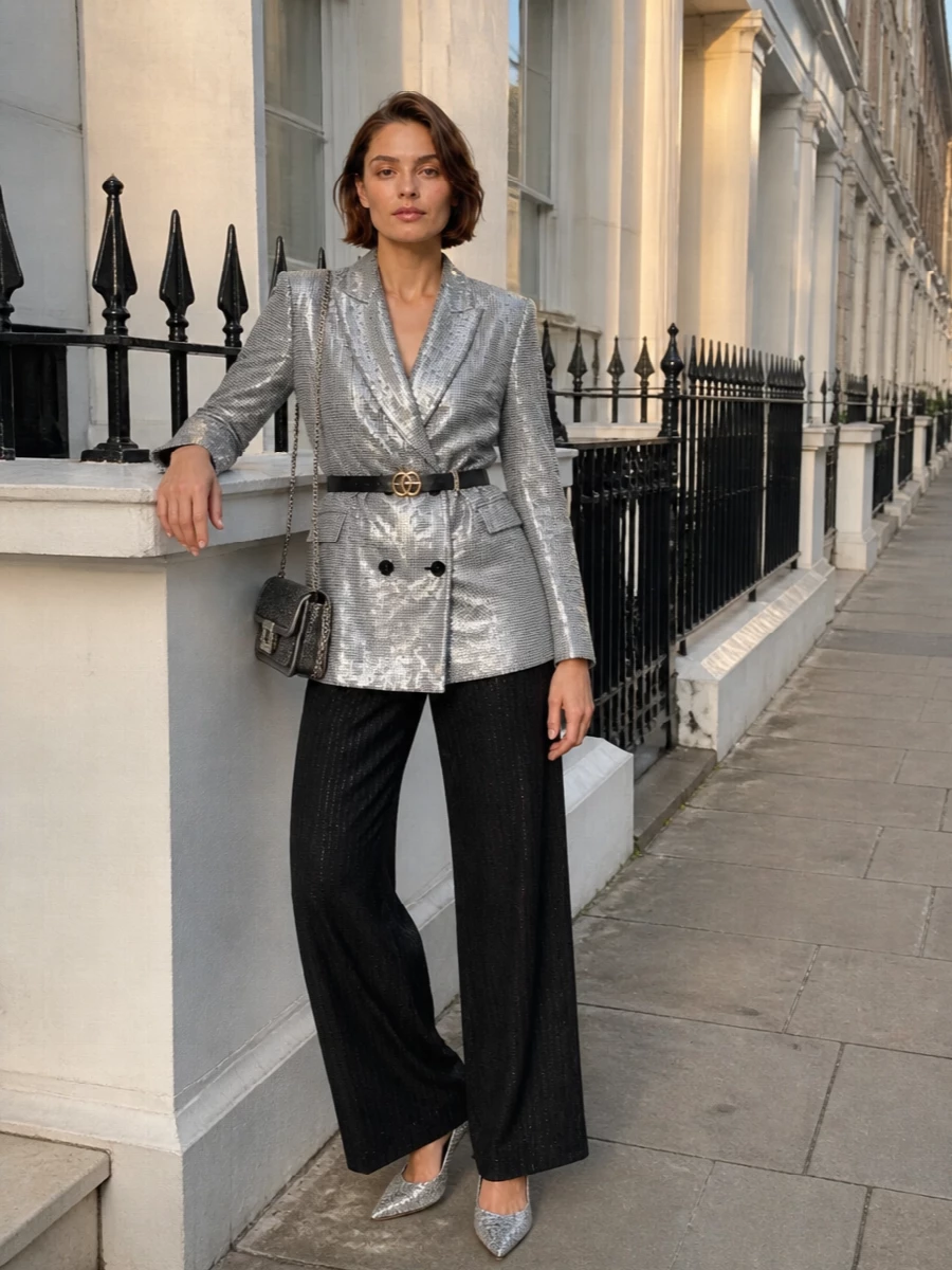 Ermanno firenze sequin blazer black wide leg trousers