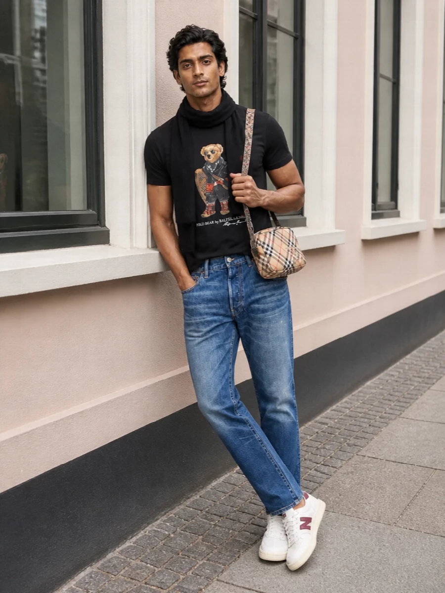 A black Polo Bear tee sits over mid‑indigo straight denim for a relaxed, all‑American base that feels easy but still considered. Cream‑soled New Balance court sneakers keep the line clean and sporty, while the Burberry check crossbody and subtle black scarf pick up the prep notes without competing with the graphic. The result is weekend‑ready city dressing with a clear heritage thread and a quietly graphic color story of black, blue, cream, and warm camel.