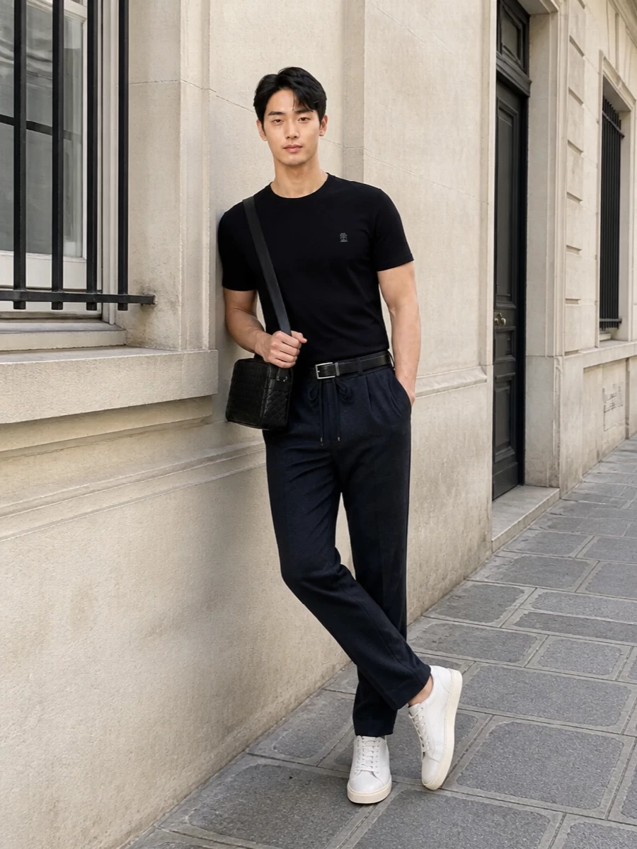 A black Brunello crew tee is grounded by charcoal-navy tailored drawstring trousers for a look that’s relaxed but unmistakably refined. Off-white Brunello low-top sneakers lighten the palette just enough, while a black intrecciato crossbody and slim black belt add discreet structure and texture to this quietly luxurious FW uniform. The result is a clean, minimal ensemble that moves effortlessly from day to dinner without ever feeling over-styled.