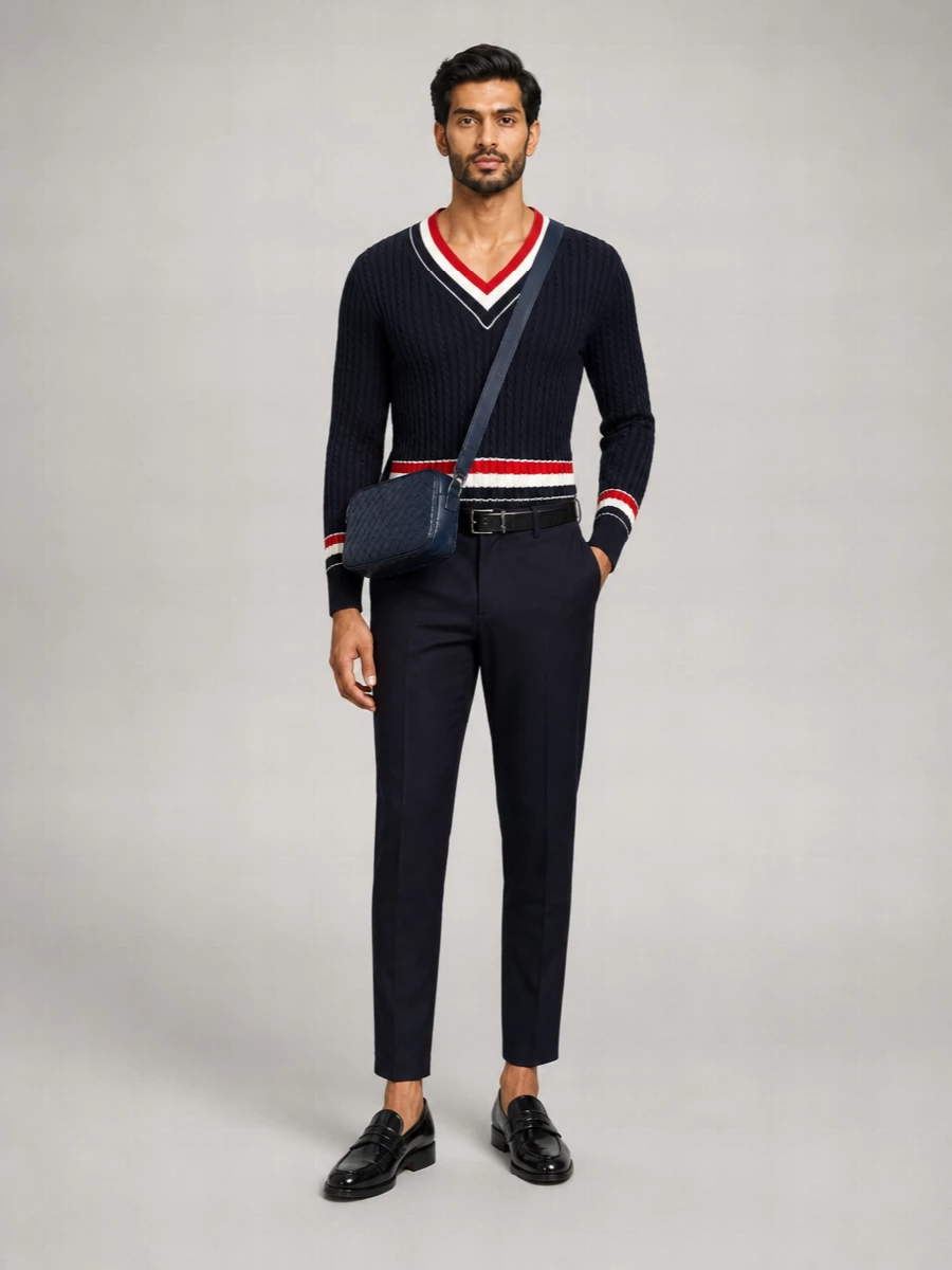 Thom Browne Cotton Cable-Knit Intarsia V-Neck Sweater