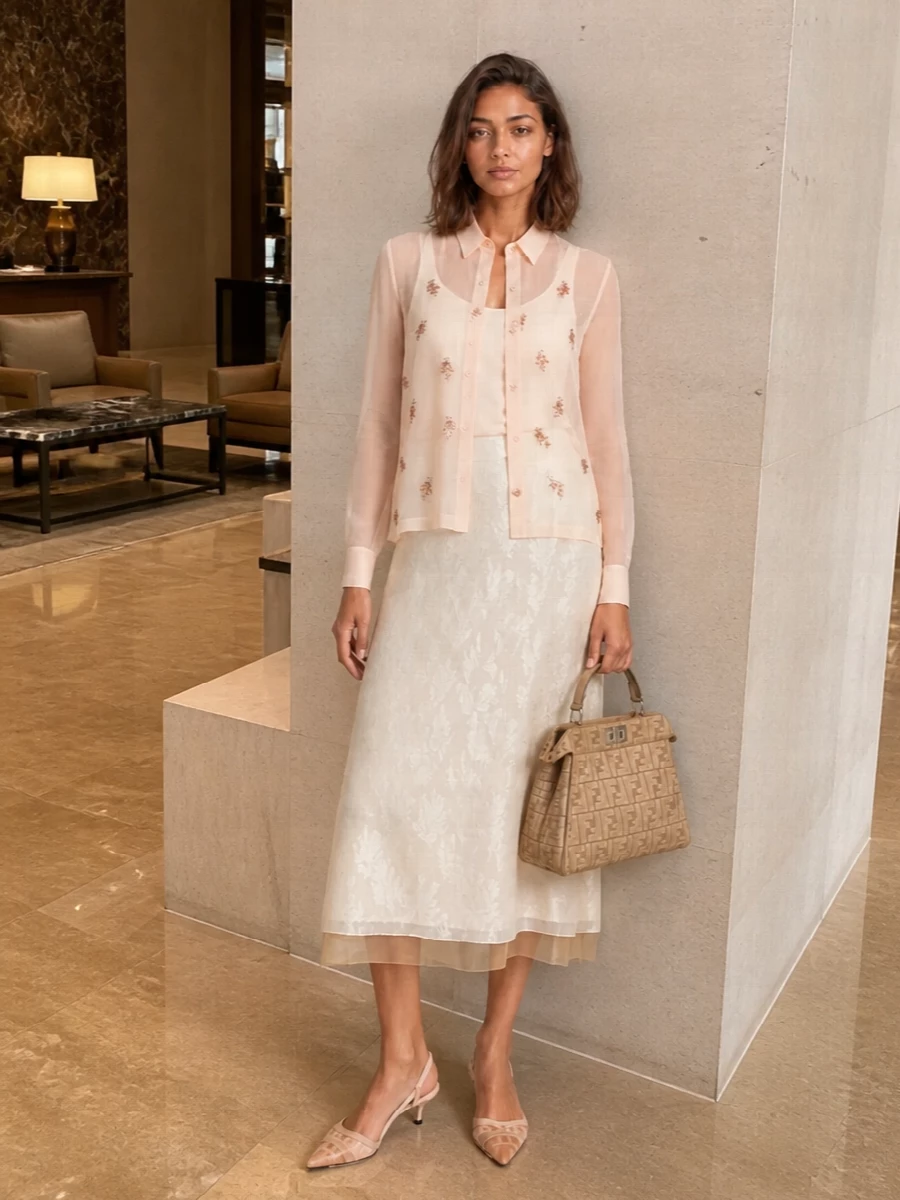 Fendi ivory midi skirt blush blouse outfit