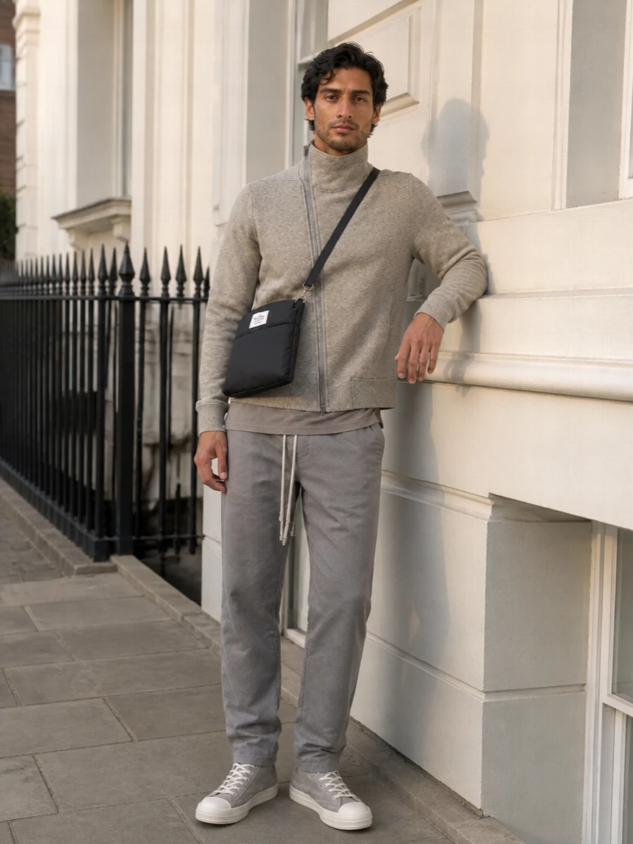 Rick owens taupe jacket drawstring pants outfit