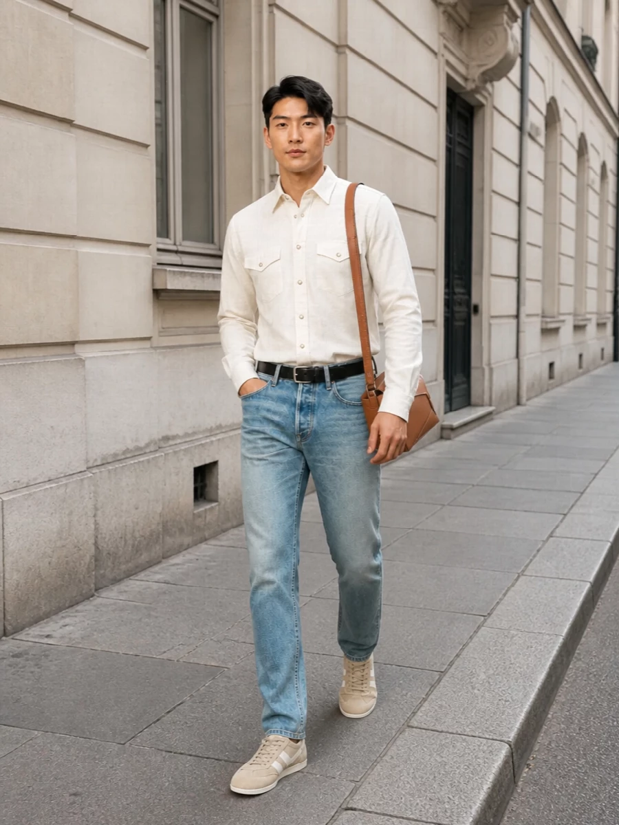 Faded Tom Ford straight-leg jeans are paired with an ivory utility shirt for a light, quietly polished SS take on off-duty dressing. Sand suede sneakers and a tan geometric Loewe bag pick up the warm stitching in the denim, while a slim black belt keeps the silhouette clean and considered. The result is relaxed but edited, ideal for city days and understated dinners alike.