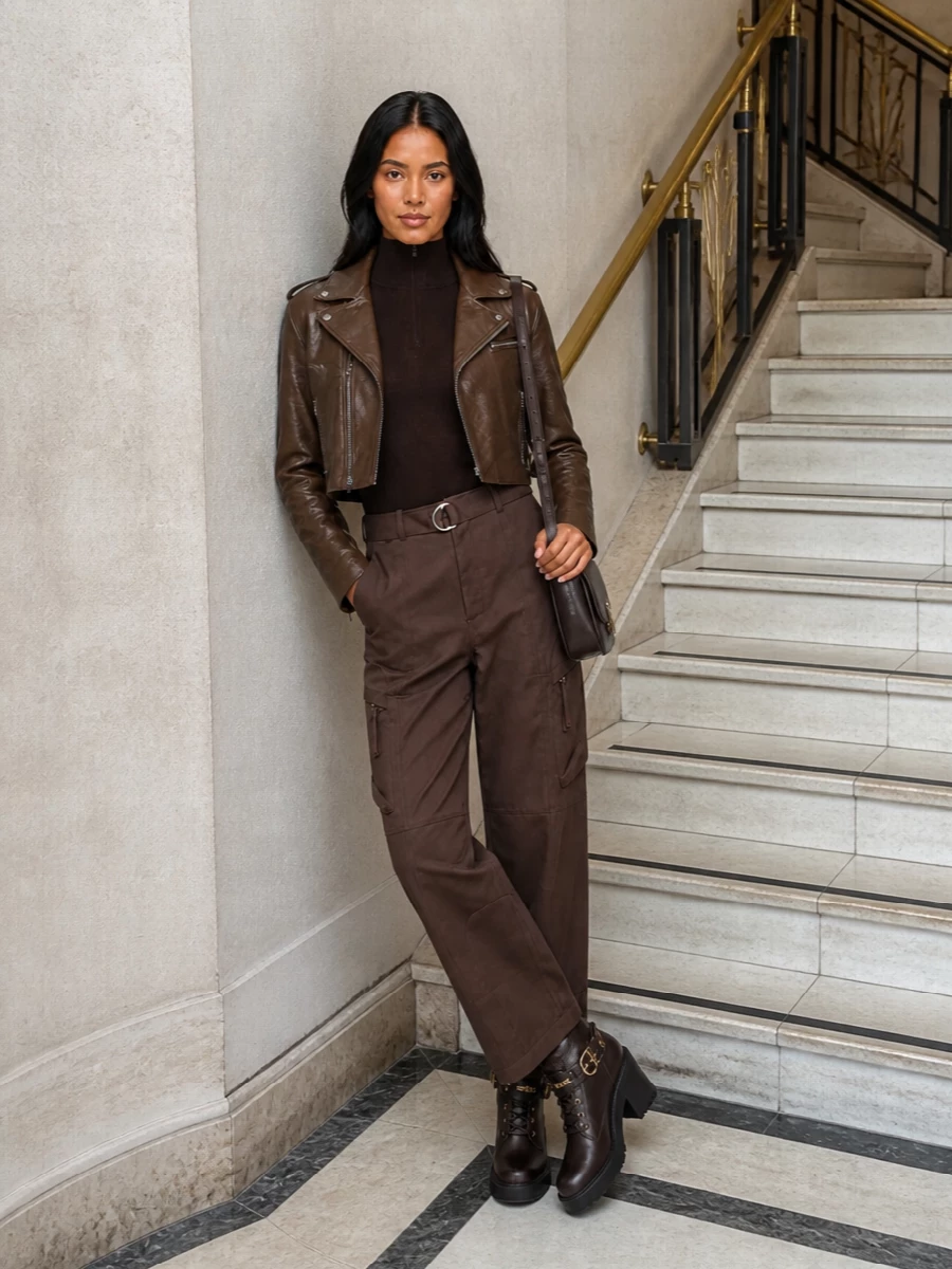Frankie shop brown biker jacket cargo pants outfit