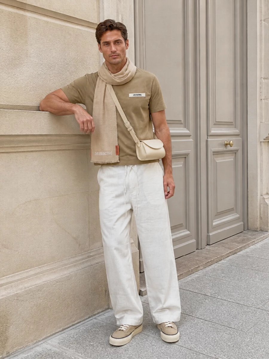 Khaki, sand and soft white sit together here in a calm, tonal palette that feels precise without ever reading stiff. The wide, fluid trouser and clean canvas sneaker keep the silhouette relaxed and modern, while the slim pale shoulder bag and whisper-light scarf add just enough texture to make the neutrals feel intentional rather than flat. It is an easy warm weather uniform that quietly leans into Mediterranean polish.