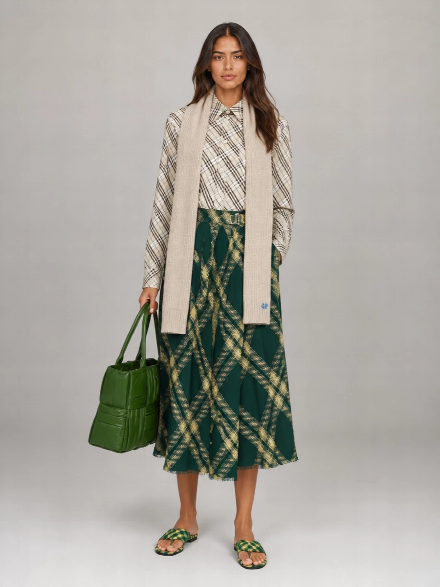 Burberry Wool Checked Wrap Pleated Midi Skirt