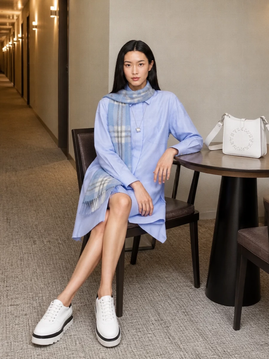 A light blue asymmetric shirt dress is grounded with sculptural off-white flatform sneakers and a crisp white shoulder bag for a modern city-ready uniform. A single silver pendant keeps the neckline intentional without fuss, while a powder-blue scarf is there for when you want an extra soft layer. The result is clean, relaxed tailoring that moves from desk to weekend with quiet confidence.