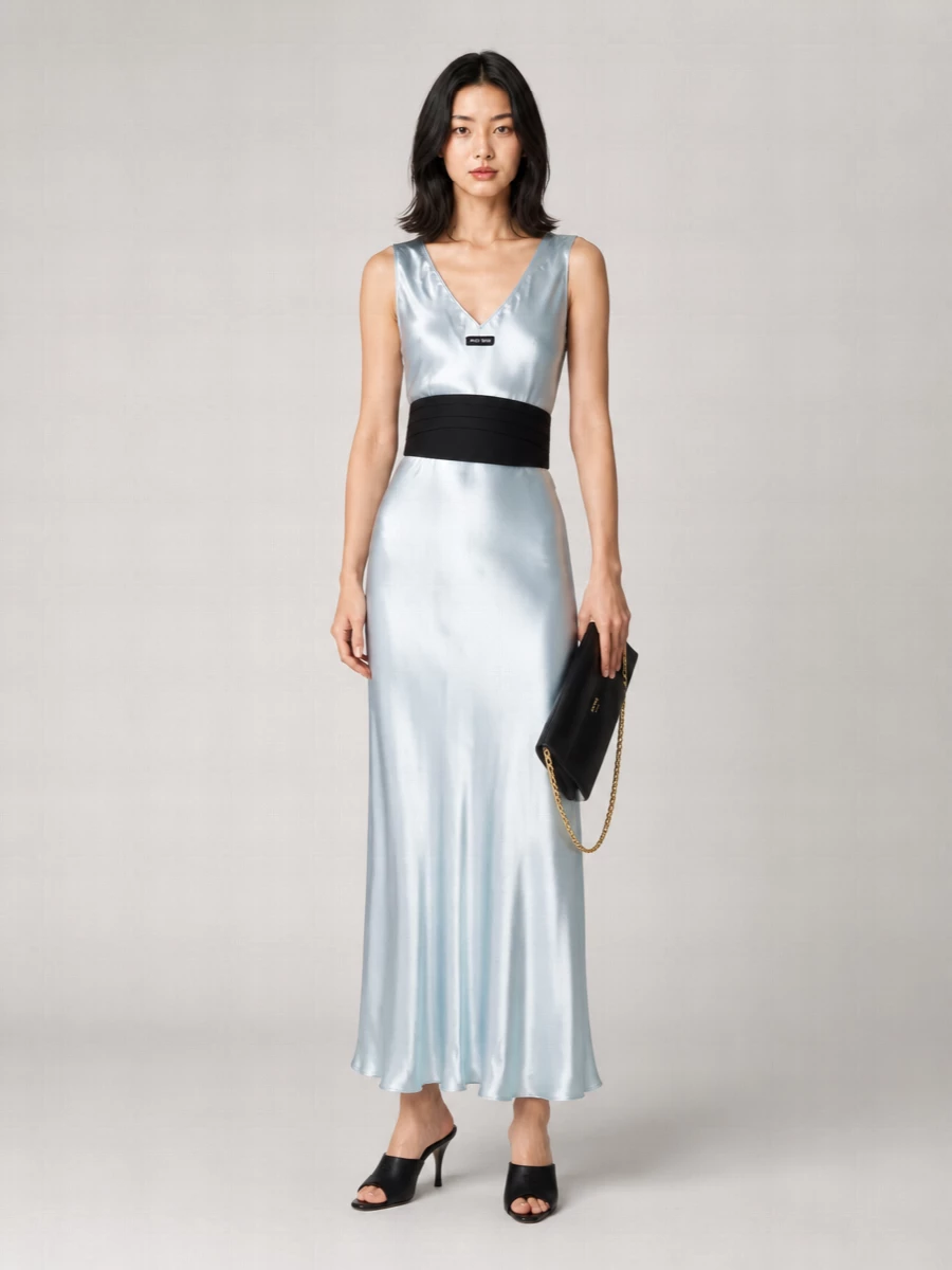 Miu Miu Satin V-Neck Maxi Dress