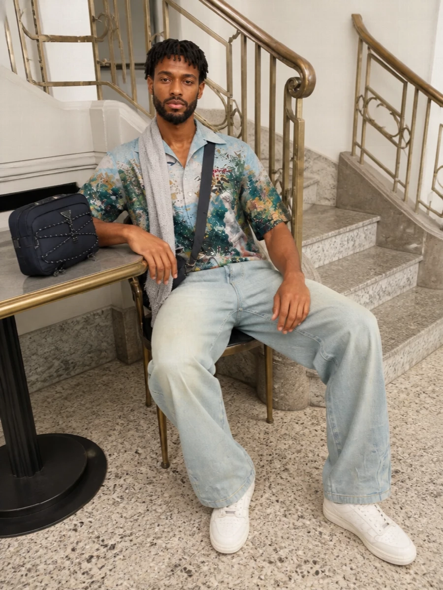 The painted camp shirt stays centre stage against sun-faded wide-leg trousers in a similar blue-sand spectrum, creating a soft, romantic street set. Tonal off-white sneakers and a technical navy crossbody keep everything grounded and modern, while a whisper-light greige scarf adds just enough texture for late-summer evenings.