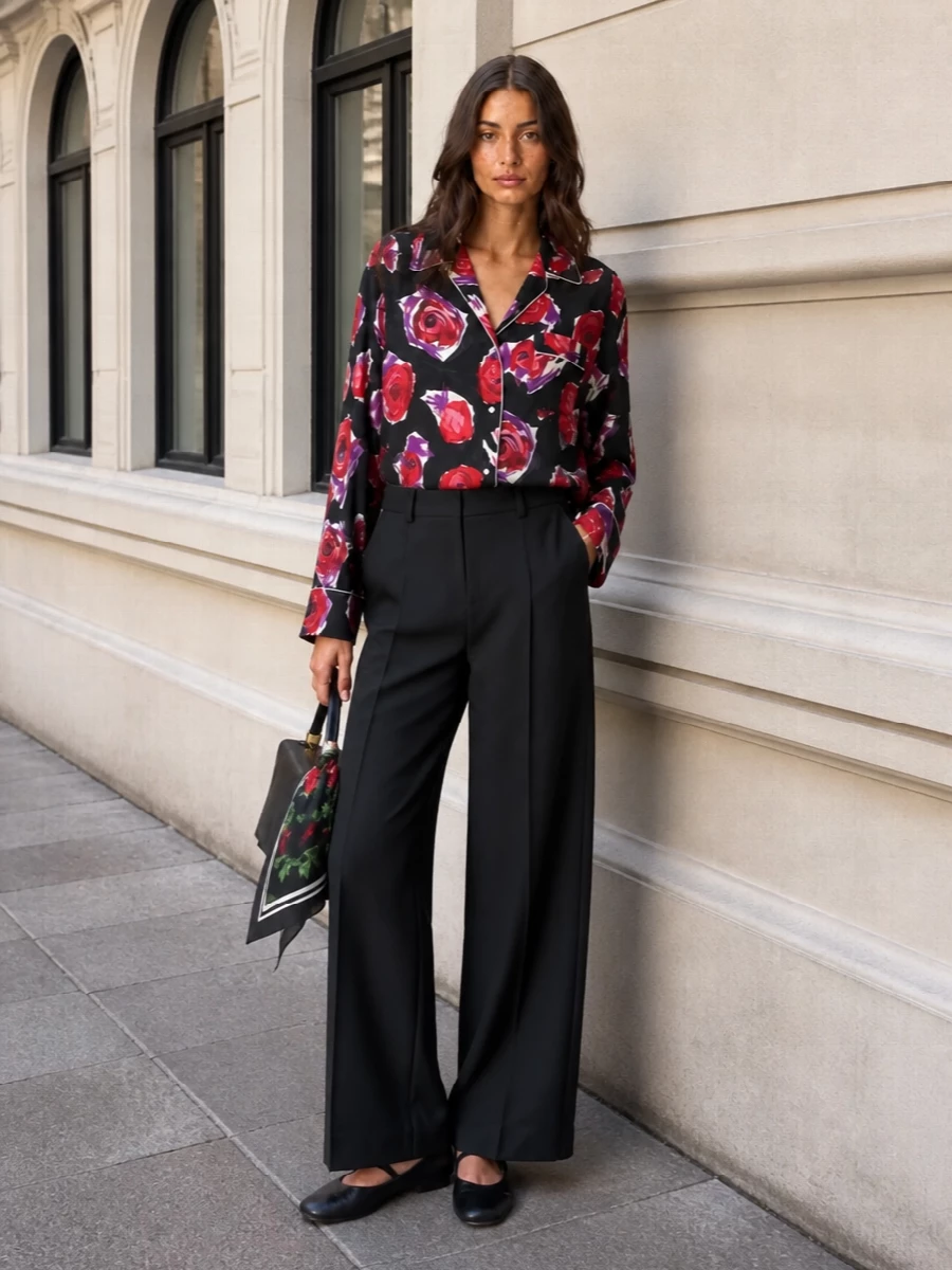 Marni rose shirt black wide leg trousers