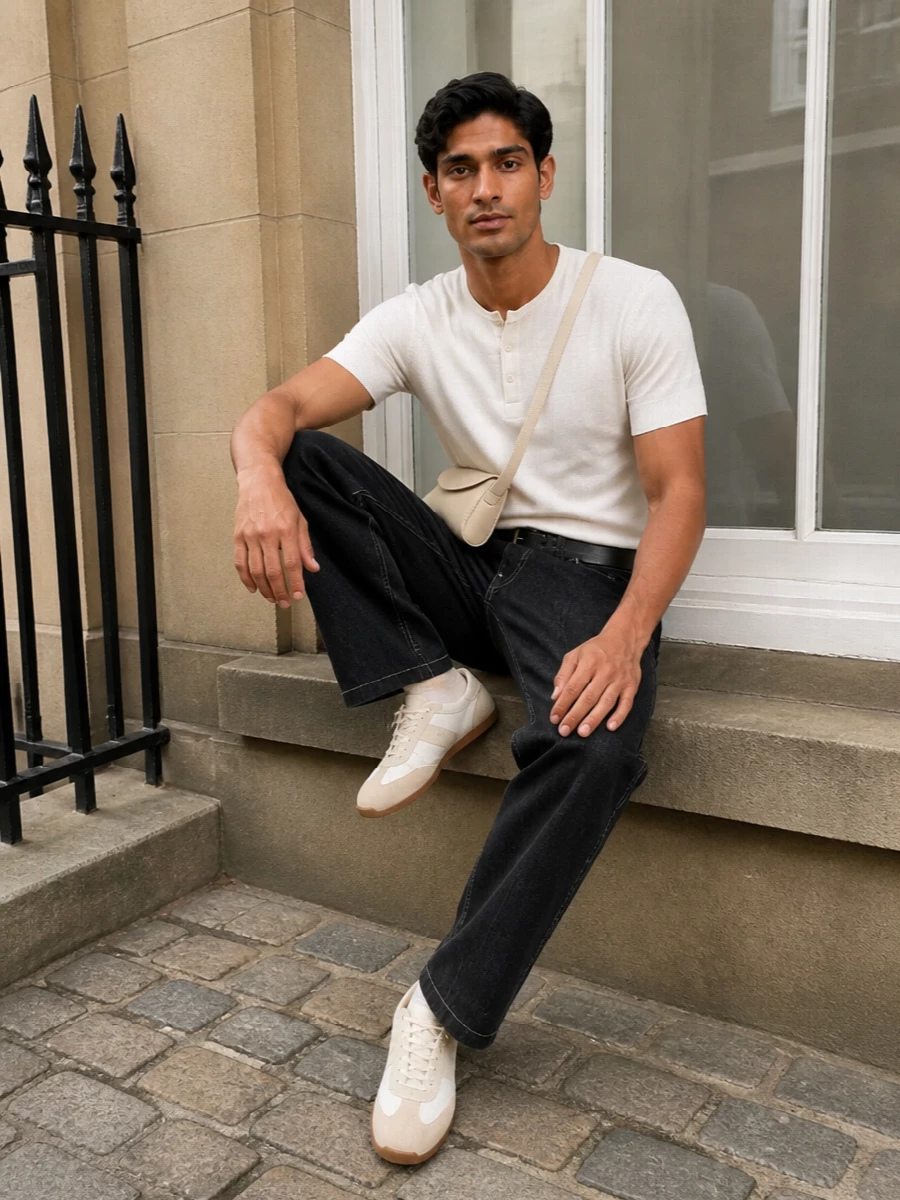 An off-white ribbed henley meets washed black straight-leg denim for a quietly precise contrast that still feels relaxed. Tonal trainers and a pale sculptural shoulder bag keep the palette soft, while a slim black belt adds just enough definition at the waist. The result is a calm, everyday uniform that reads intentional from café to dinner without feeling dressed up.