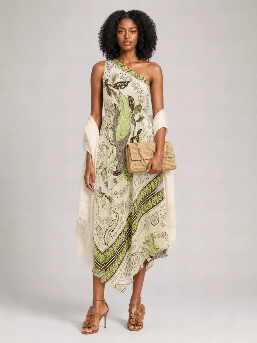 Tory Burch Printed One-Shoulder Asymmetric Midi Dress