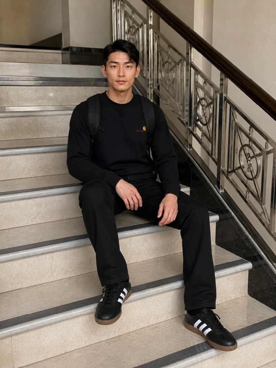 Carhartt black tee black jeans adidas sneakers