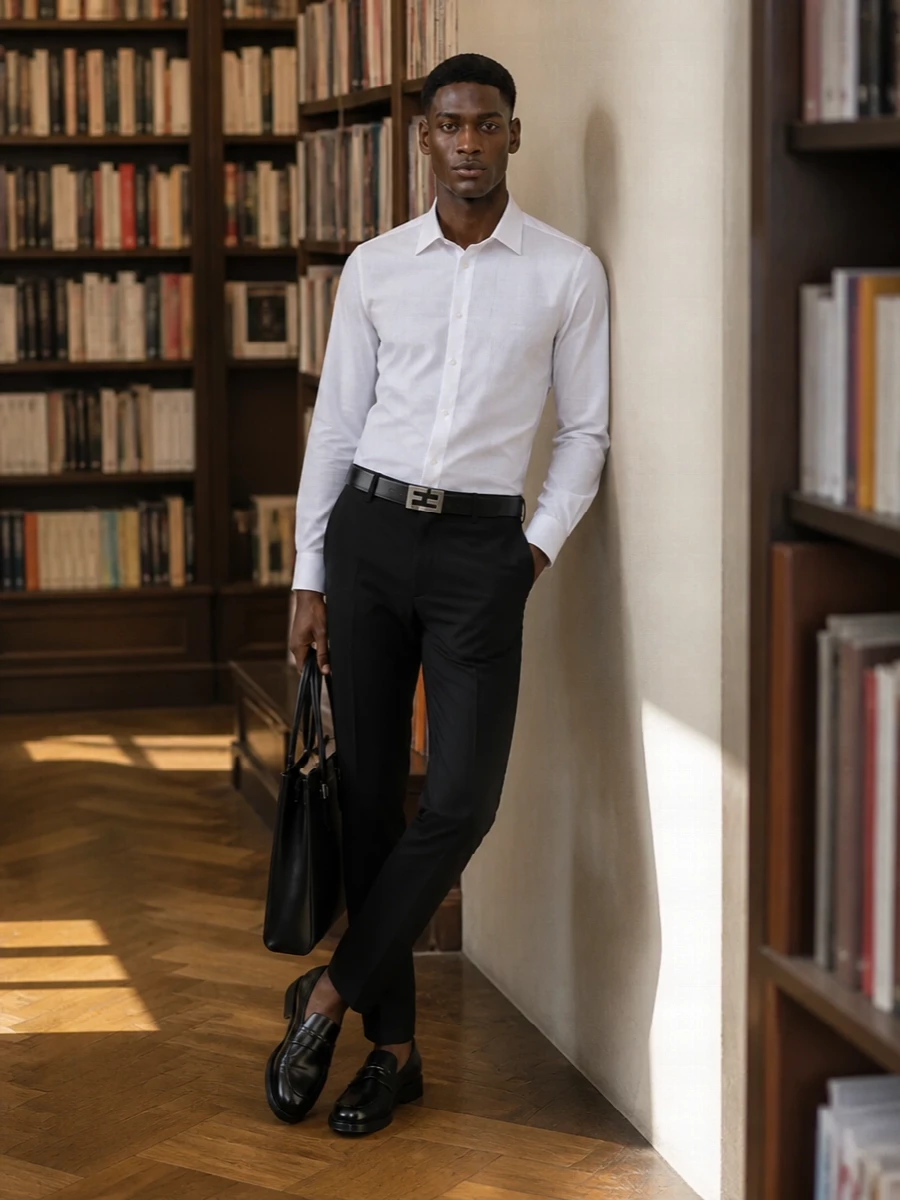 Fendi black trousers white shirt loafers