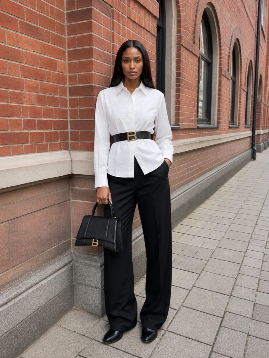 Balenciaga wide leg trousers belted white shirt