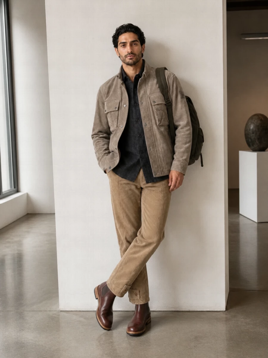 Belstaff leather jacket burberry chinos outfit