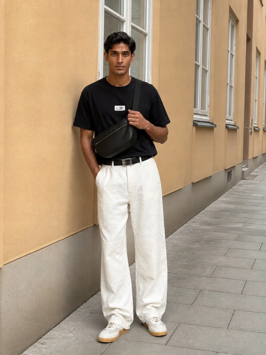 A boxy black logo tee sits over off-white wide-leg trousers for a clean, graphic take on relaxed Margiela dressing. Taupe-accented trainers and a padded black crossbody keep the silhouette loose but intentional, all in a quietly neutral palette. A slim black belt is the only sharp line, hinting at structure without interrupting the ease.