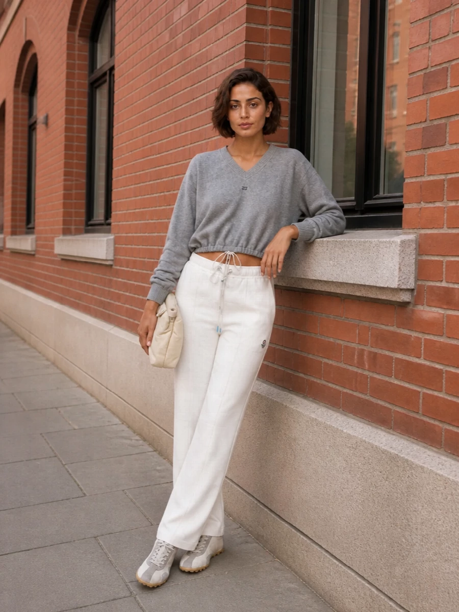 Moncler’s clean off white track pant meets Miu Miu’s drawstring grey knit for a soft, sport‑driven neutral story with a subtle Y2K waist emphasis. Margiela’s retro runners in cream and grey keep everything light and directional underfoot, while the padded clutch adds a plush, quietly luxurious finish that works from airport to late brunch. The result is relaxed but considered, all in hushed tones that feel modern rather than nostalgic.