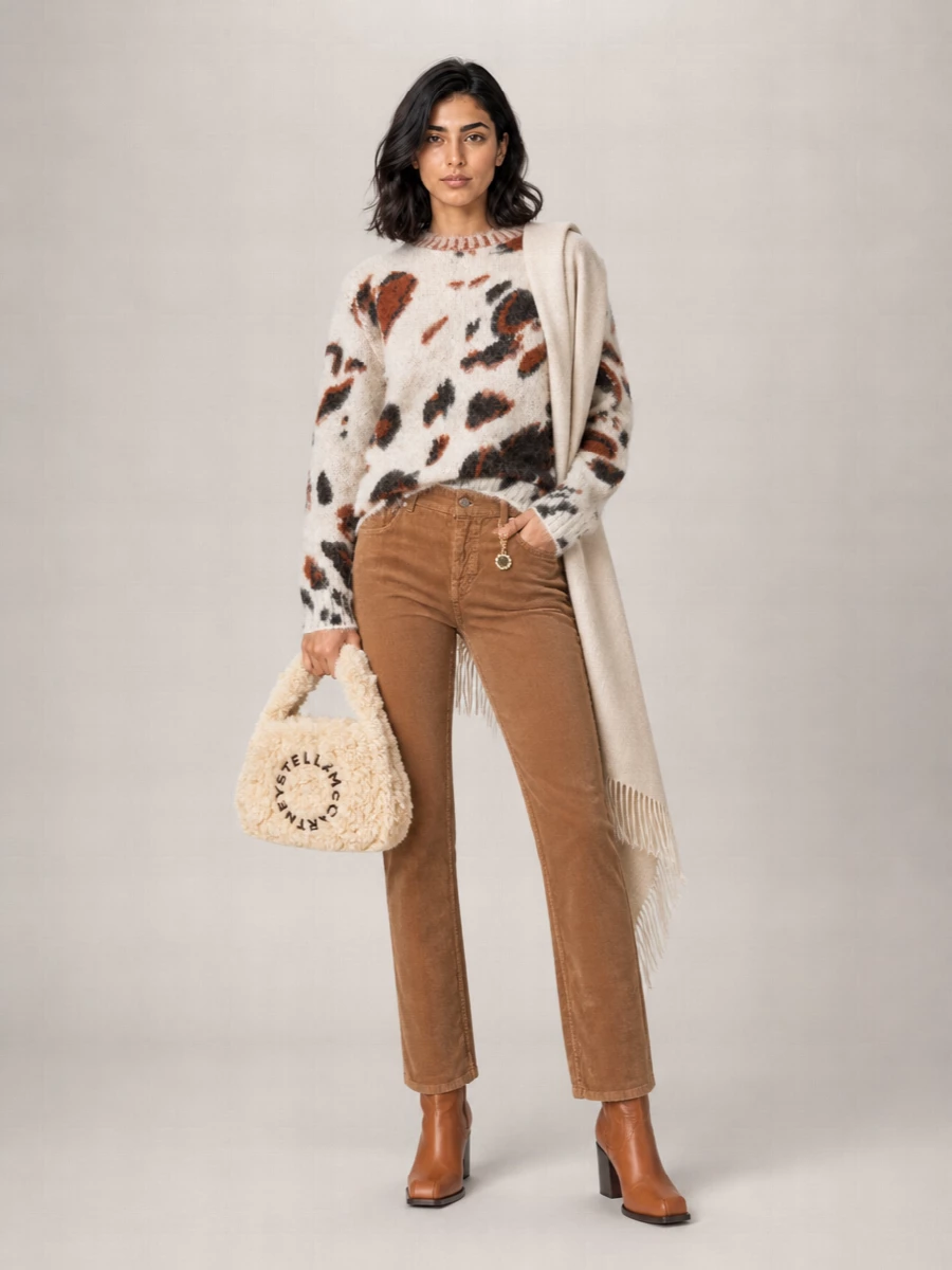 Warm neutrals, soft fuzz and painterly animal pattern come together in a relaxed yet considered pairing of plush knit and camel corduroy. Cognac boots and a tactile shearling tote deepen the caramel story while keeping everything city-ready. The result is cozy, modern and polished enough for days that move between errands, galleries and low-key dinners.