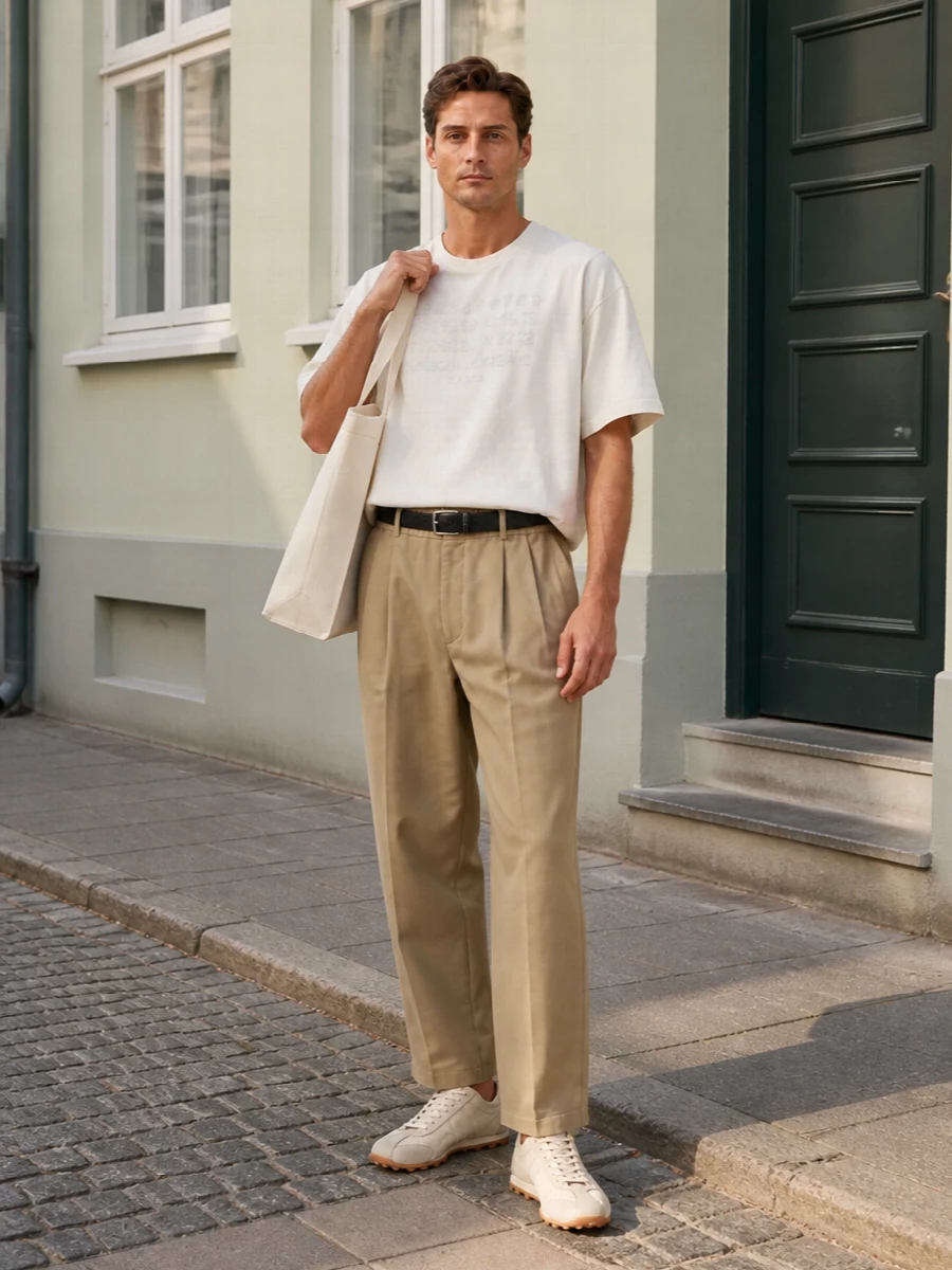 Maison margiela tan trousers oversized tee sneakers