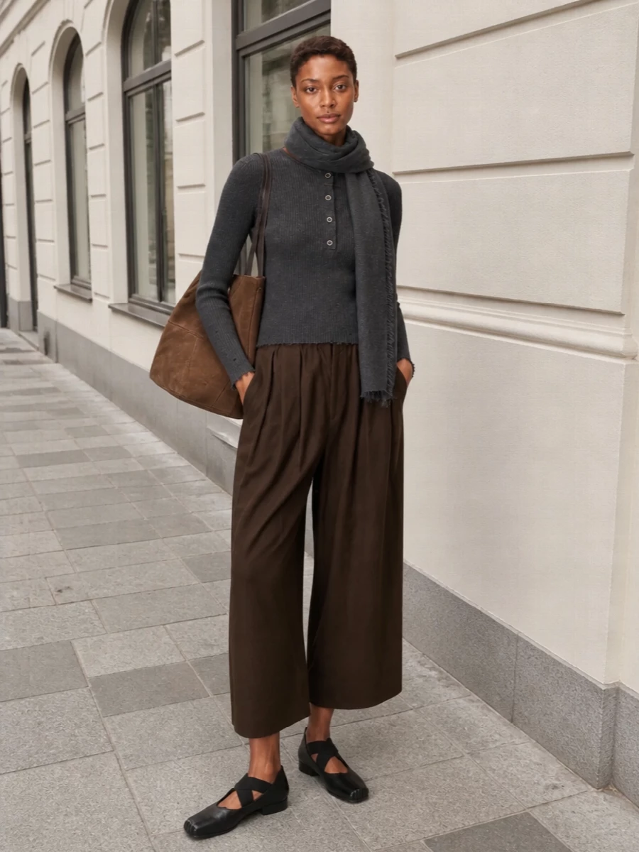 Uma wang ribbed sweater wide leg trousers outfit