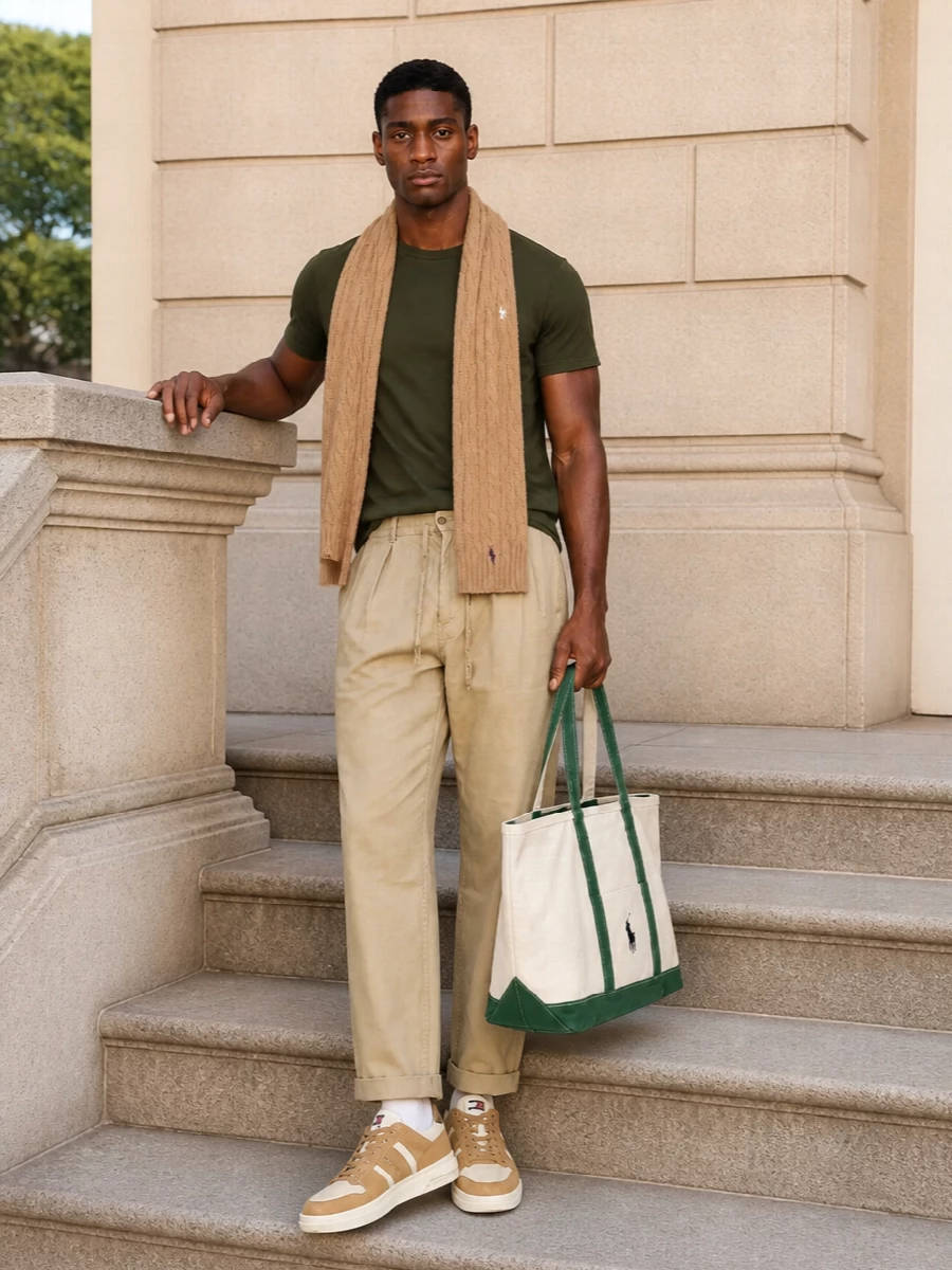 Polo ralph lauren olive tee sand trousers outfit