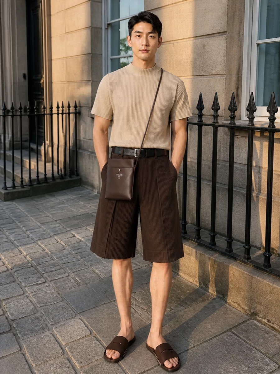 A calm study in pleated volume and warm neutrals, this outfit pairs deep chocolate shorts with a soft sand top for a minimalist, gallery-ready uniform. Matching brown leather and suede accessories keep the line uninterrupted, while a precise black belt and hardware add just enough graphic definition. The result is relaxed in attitude but considered in detail, ideal for creative offices and slow city afternoons.