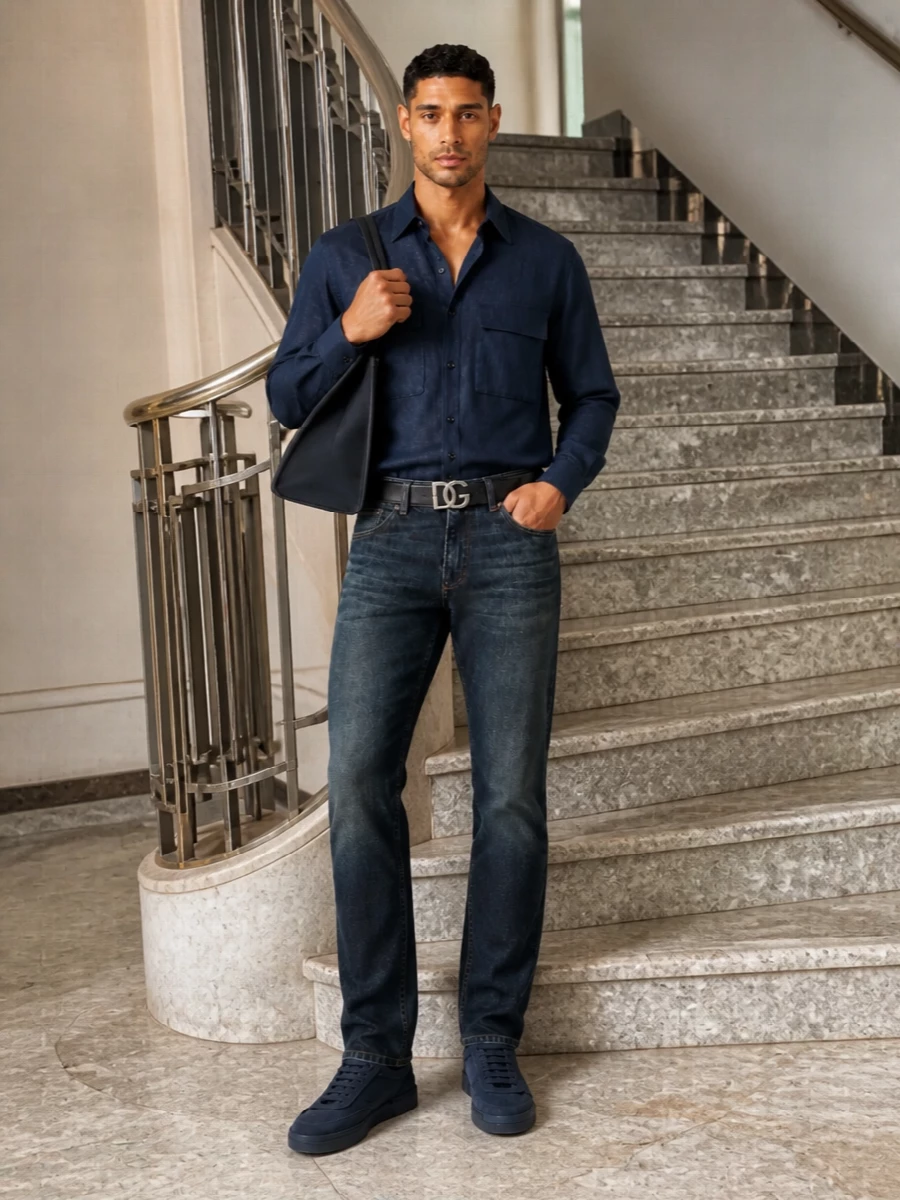 Ink-wash denim with a relaxed navy shirt creates a tonal base that feels considered but still easy, perfect for days when you want polish without stiffness. Navy suede sneakers keep the line clean from hip to floor, while the structured logo tote and slim black belt add just enough refinement to take this straight from coffee run to low-key dinner. The result is modern Italian streetwear that reads confident, not loud.