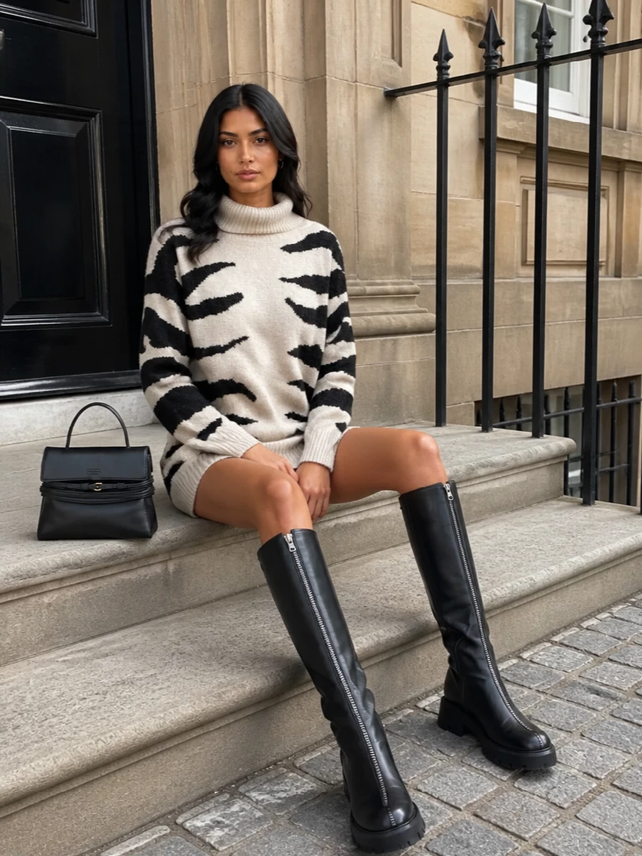 Moschino zebra sweater dress chunky boots