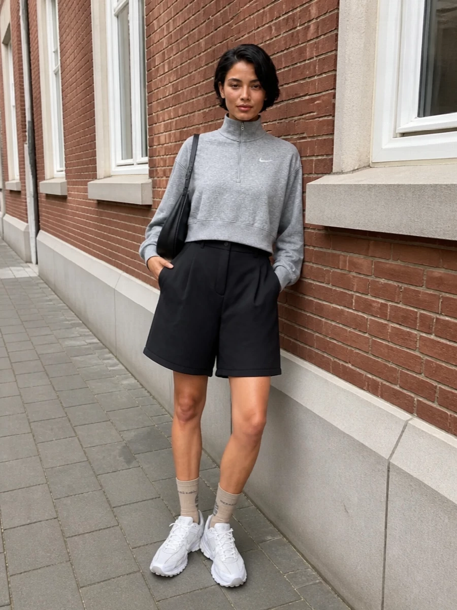 Nike culotte shorts grey half zip sneaker outfit