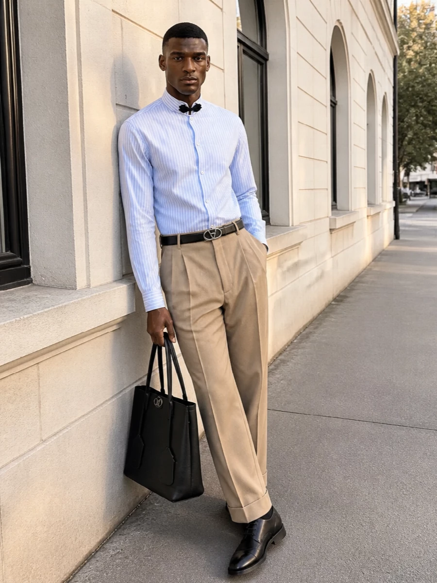 Valentino striped shirt camel trousers outfit