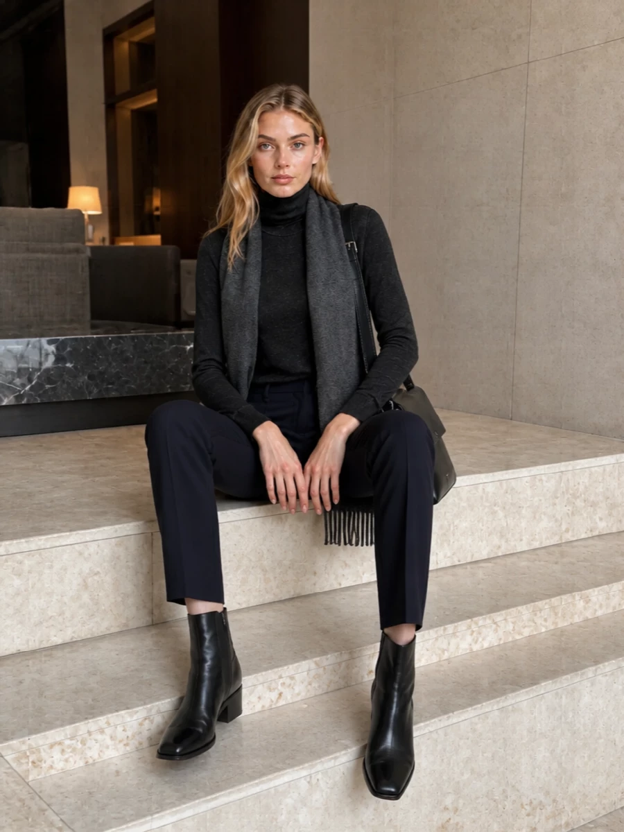 Dondup turtleneck navy tailored trousers outfit