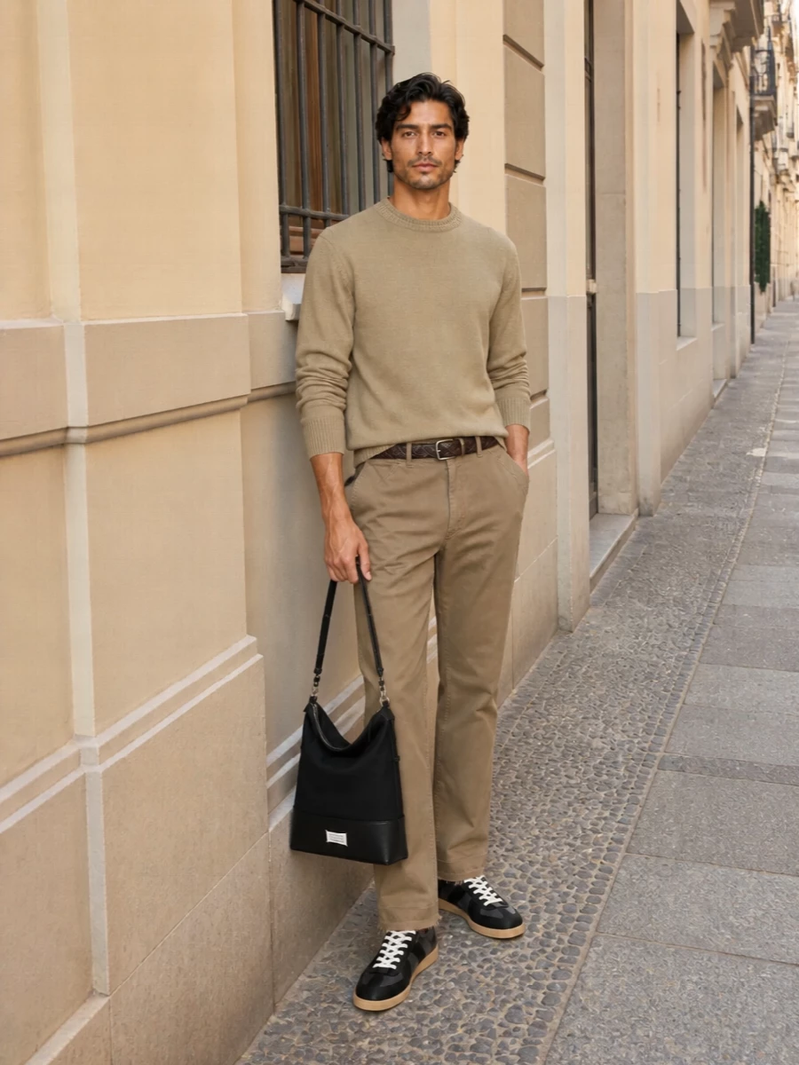 Maison margiela khaki chino camel sweater outfit