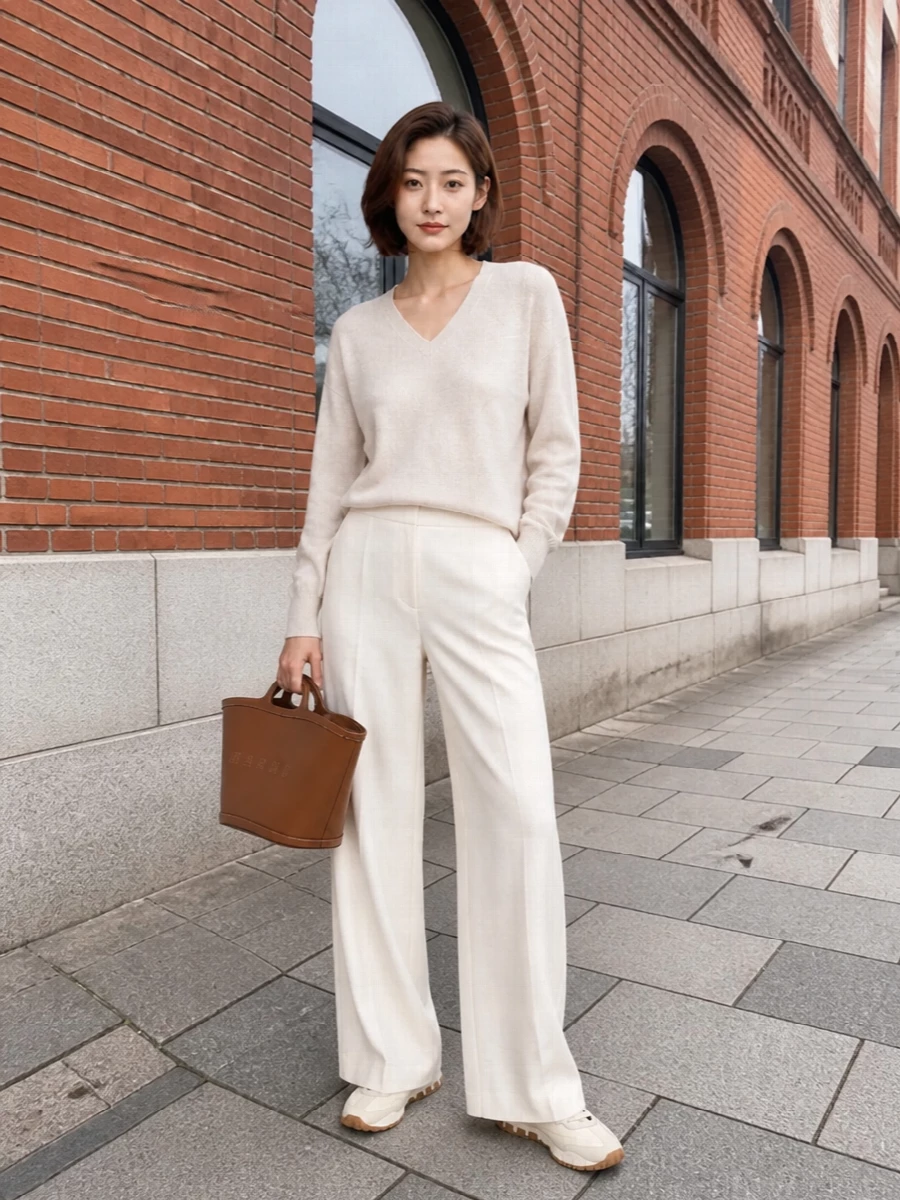 A tonal cream story keeps the Miu Miu sneakers in their element, with a soft ecru knit and fluid ivory trouser reading polished rather than athletic. The long, high-waisted leg refines the sneaker’s sport edge, while the warm tan tote picks up the gum sole for a calm, cohesive finish. I chose the top-and-trouser path over a dress to keep the mood relaxed, quietly luxurious and aligned with the shoe’s modern soft-sport character.