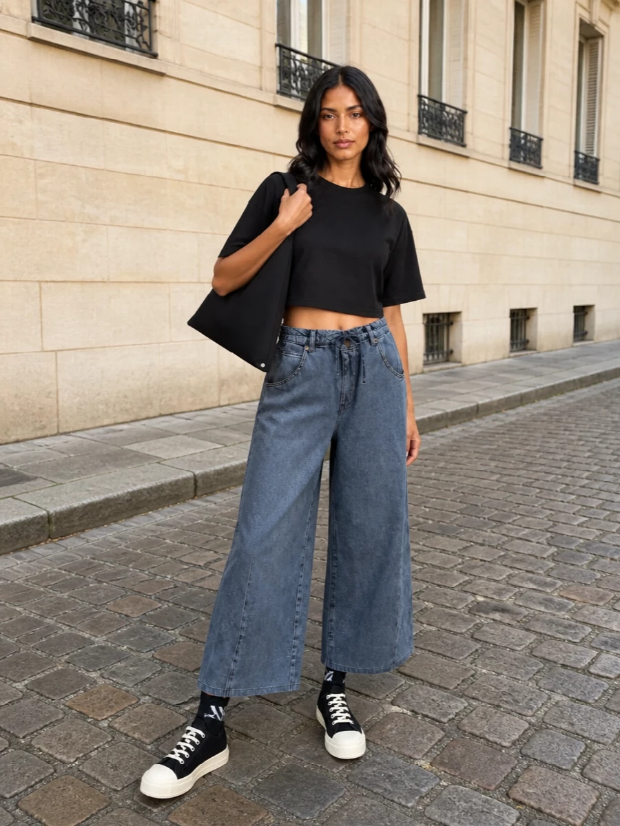 Darkpark cropped tee wide leg jeans drkshdw sneakers