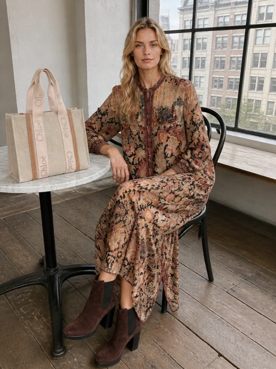 The printed Pierre Louise Mascia shirt dress lets the Chloé tote sit against a tapestry of warm golden beige and espresso, creating a soft, boho-inflected take on quiet luxury. Choosing the dress route over separates keeps the silhouette fluid and uncomplicated, ideal for letting the bag and pattern speak. Dark chocolate Tod’s Chelsea boots sharpen the ease just enough for city days and relaxed dinners, without breaking the gentle, earthy palette.