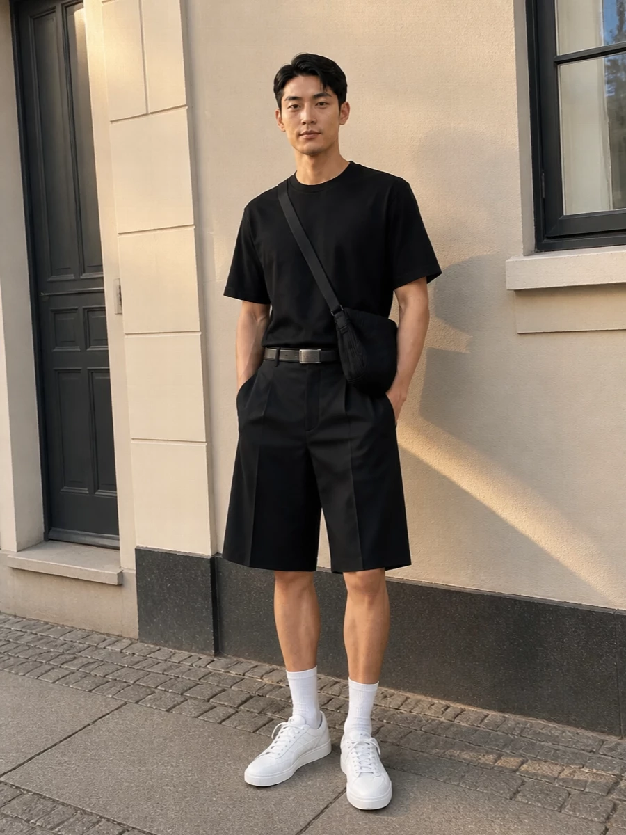 Comme des garcons black tee tailored shorts outfit
