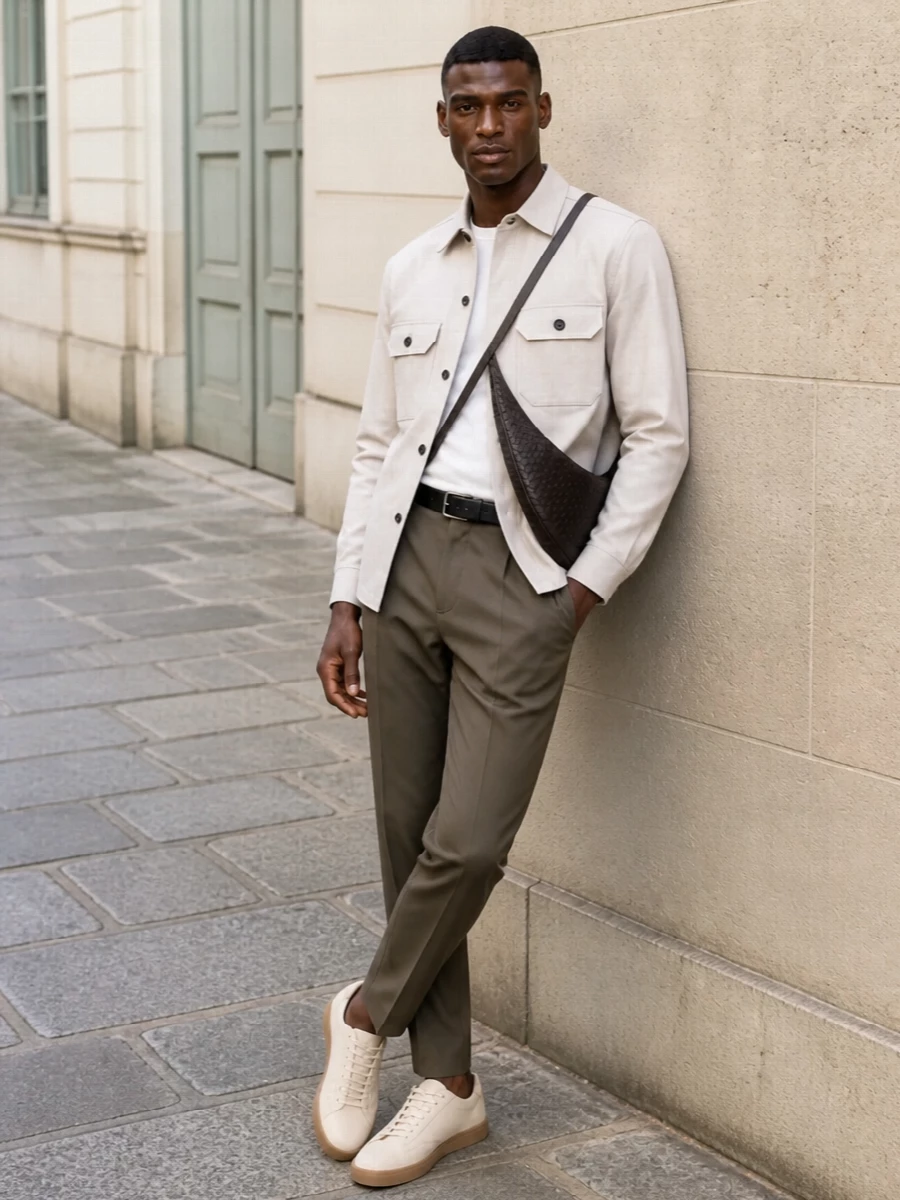 The stone Zegna shirt jacket sits cleanly over olive‑taupe pleated trousers, giving a refined play of neutrals that feels modern yet understated. Cream leather sneakers keep the mood relaxed but elevated, while the espresso woven crossbody and discreet black belt add depth and texture without disturbing the minimalist, quiet-luxury line. It’s an effortlessly sharp warm‑weather city uniform that moves from daytime meetings to low‑key dinners with ease.