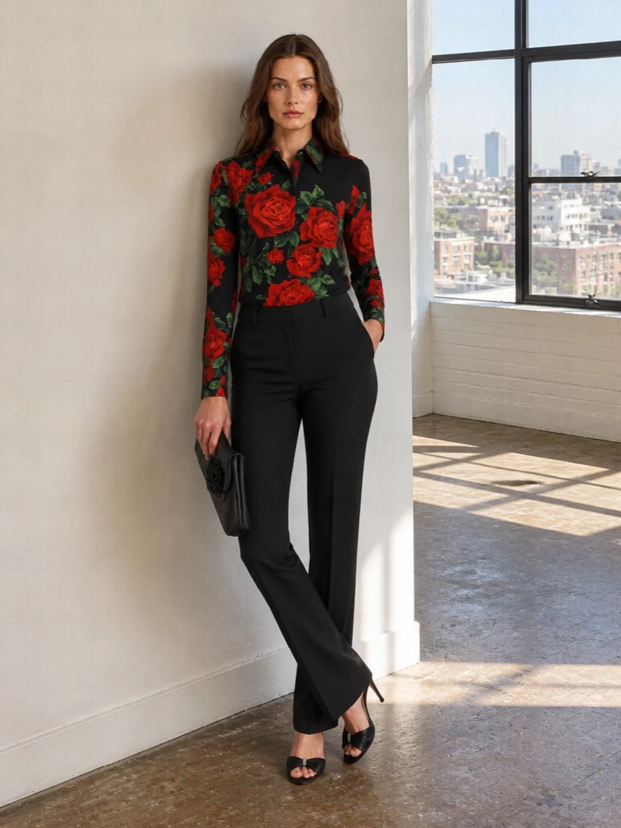 Dolce&Gabbana’s rose shirt meets The Row’s immaculate black tailoring for a romantic take on sharp evening dressing. Crystal-slim satin heels and a sculpted floral clutch keep everything in the black-and-red story, reading rich, focused and unapologetically feminine. The result is poised enough for serious dinners yet dramatic enough for late-night rooms where the print can really speak.