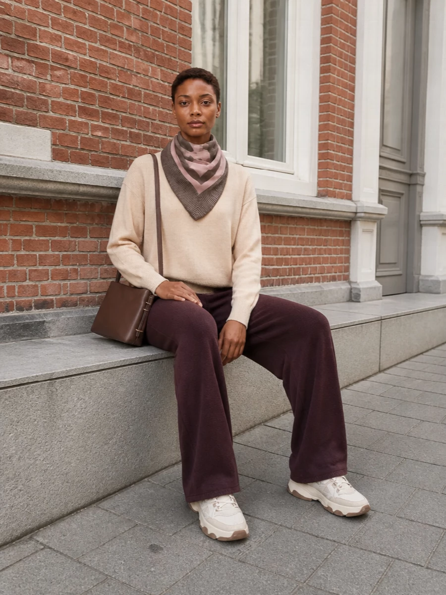 Pinko plum knit trousers beige sweater outfit