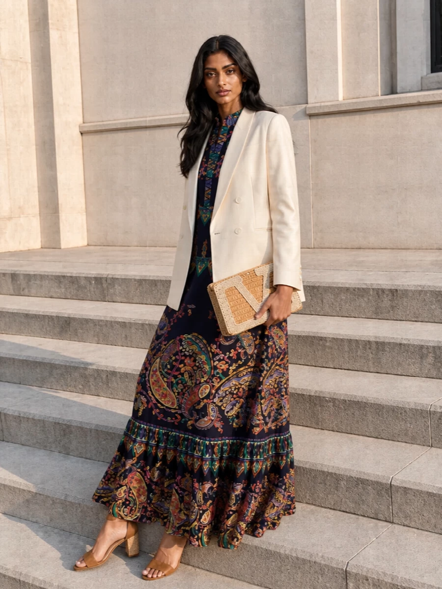 A richly printed Etro paisley maxi stays center stage, balanced by warm tan raffia-heeled sandals that ground the sweep of the skirt. The raffia Valentino clutch keeps the mood polished but relaxed, echoing natural textures without adding more color. It is an easy garden-party or terrace-dinner combination that feels romantic, boho and quietly refined.
