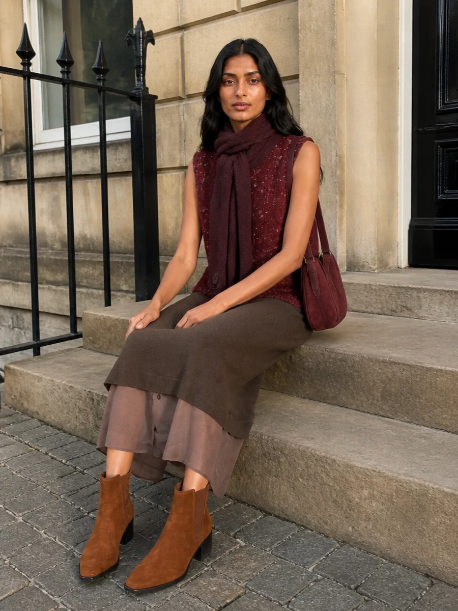 Alysi burgundy knit vest brown midi skirt outfit