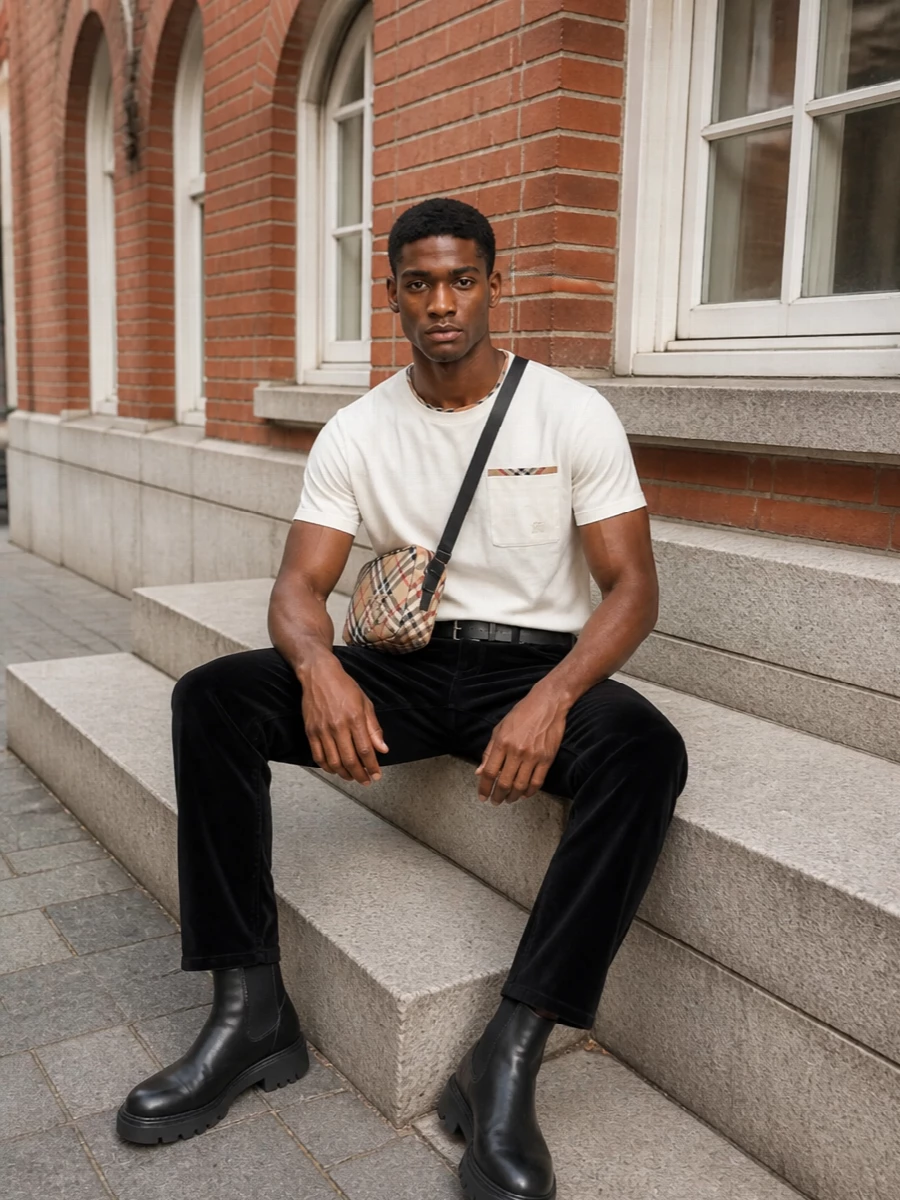 Burberry ivory tee black trouser outfit men
