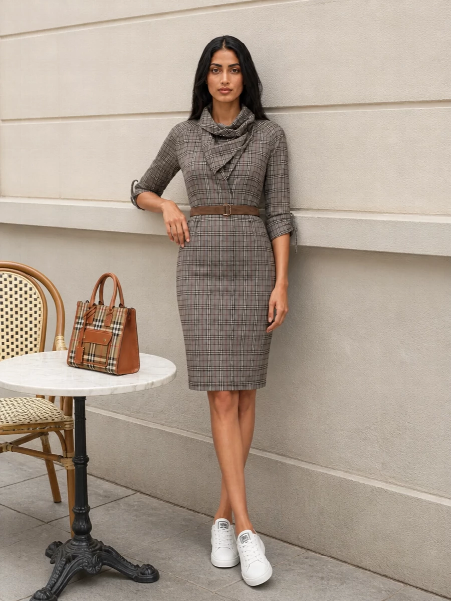 I chose the dress route to keep the check story focused and tailored around one strong garment rather than splitting attention across a shirt and separate bottom. The taupe checked shirt dress and the structured camel tote create a coherent, boardroom-to-brunch uniform, with the white leather sneakers softening the formality just enough for modern city wear. The palette stays in refined neutrals, letting silhouette and subtle hardware do the talking rather than overt branding overload.