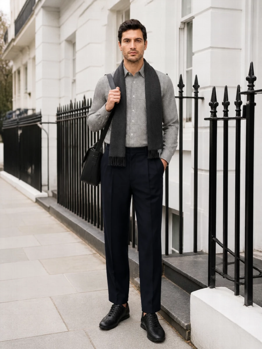 Marni checked shirt navy trousers black sneakers