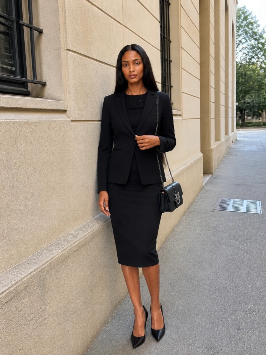I am styling the Pinko blazer with a sharply cut black midi dress, classic black stilettos and a compact black cross-body for a clean, quietly assertive desk-to-dinner ensemble. The dress route is stronger than tailoring separates here, because it lets the blazer act as precise outerwear over a single, uninterrupted column rather than competing with another jacket. Head-to-toe black keeps the focus on cut and posture, giving a modern power-dressing mood without any heaviness.