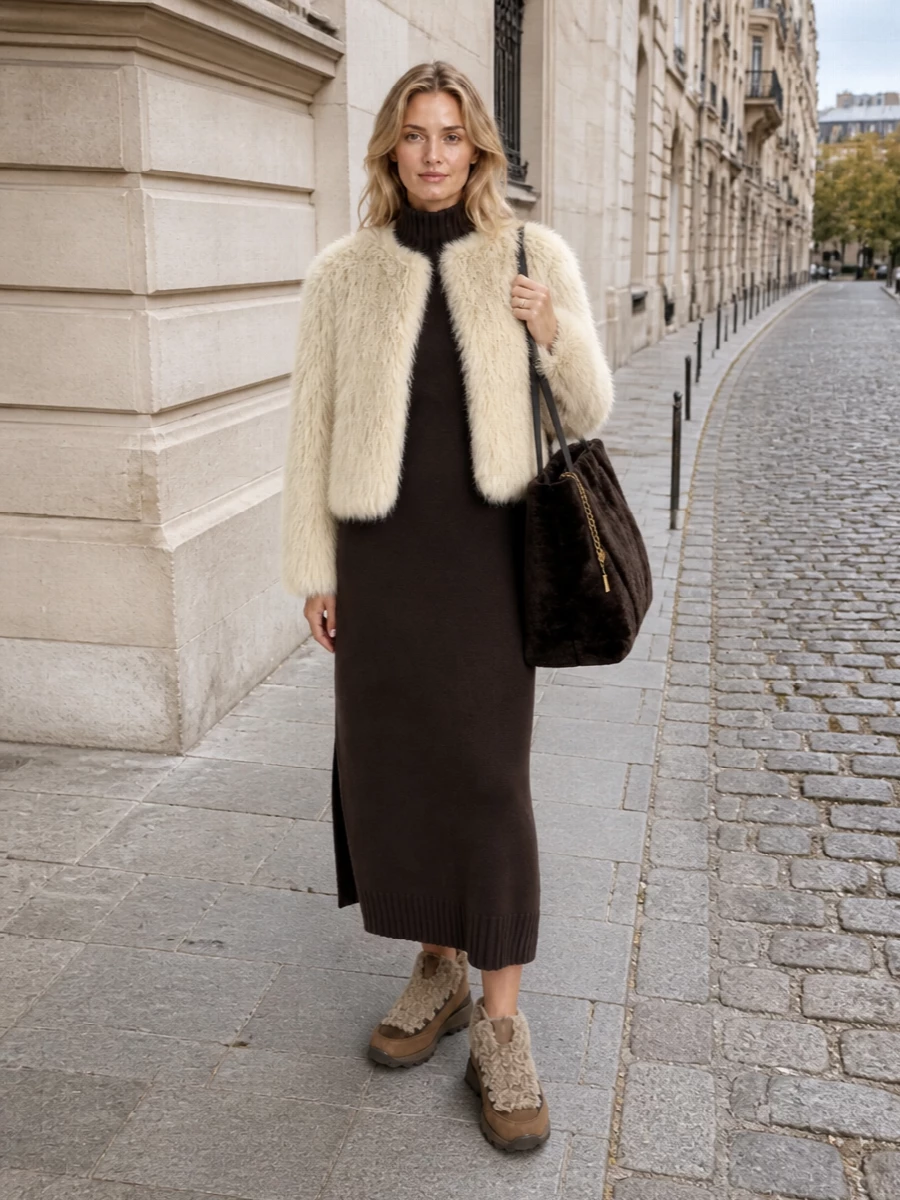 I chose the dress route so the coat can stay the hero texture, anchored by a clean knit column rather than competing top and trouser layers. The chocolate Max Mara dress, taupe Brunello boots and Chloé tote create a deep, grounded base that makes the cream faux-fur feel deliberate and polished, not saccharine. Head to toe, it reads as a quiet, tonal winter ensemble with just enough contrast between light and dark to feel intentional and modern.