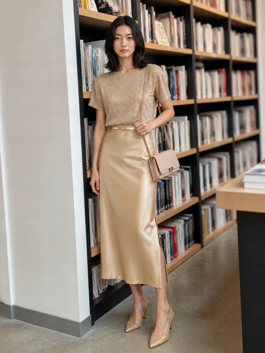 Prada satin skirt metallic blouse evening outfit