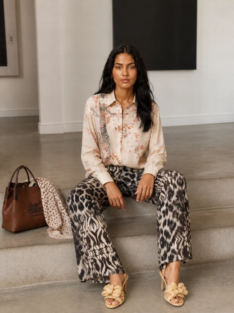 Artful animal motifs meet soft, painterly florals in a warm neutral palette, creating a sculptural wide-leg outfit that feels expressive yet thoughtful. The relaxed silk shirt and fluid trousers work together as a modern, bohemian set, grounded by rich brown accessories and straw-toned heels for gallery days or dinner in the city.